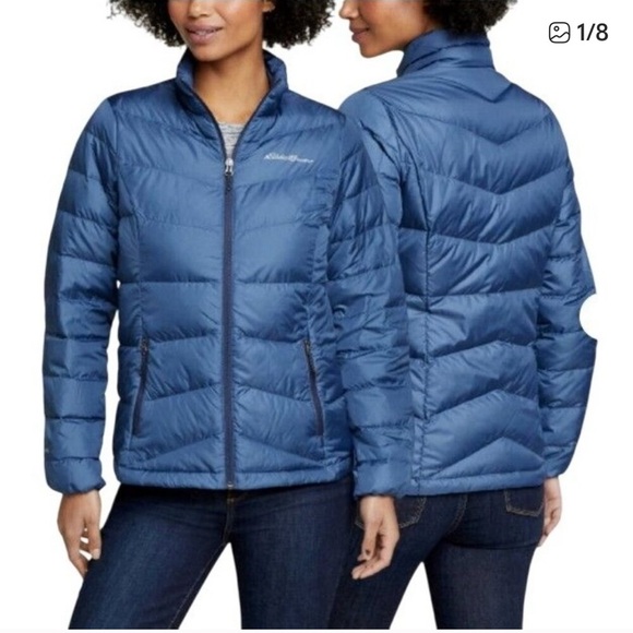 Eddie Bauer Women's Midweight Blue Chevron Quilt Down Jacket Sz S Casual Ski - Picture 1 of 6